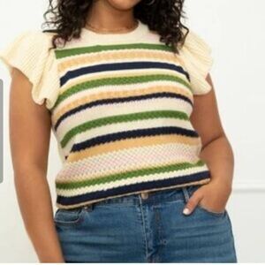 Eloquii Striped Sweater with Ruffled Sleeves